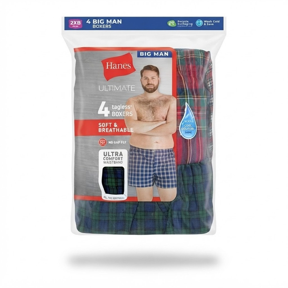 Hanes Boxers Men 2XB Multicolor New 4-Pack Ultimate Big Man Plaid 795BX4